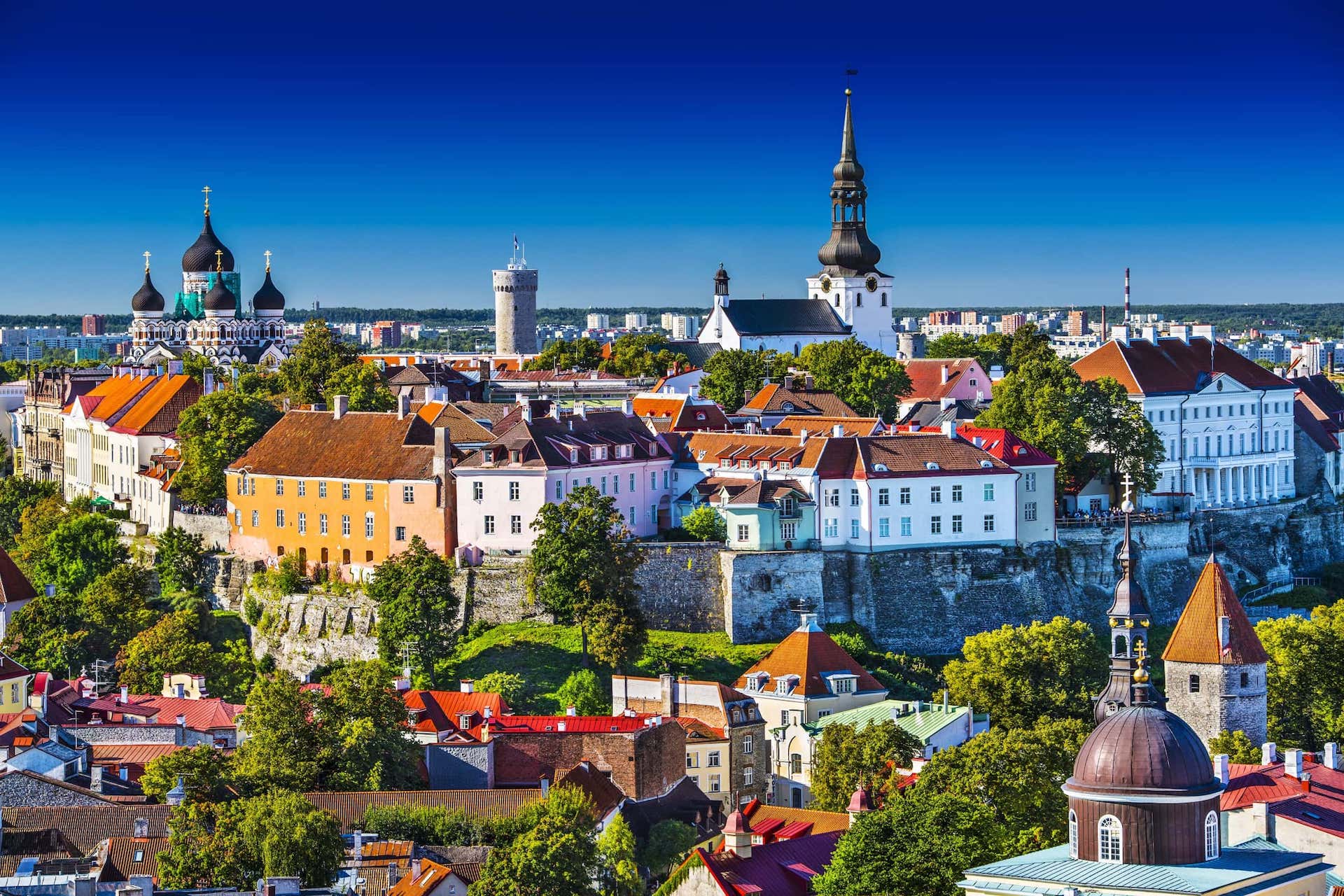 A panoramic view of Tallinn, Estonia, showcasing its historic architecture and modern skyline against a clear blue sky.