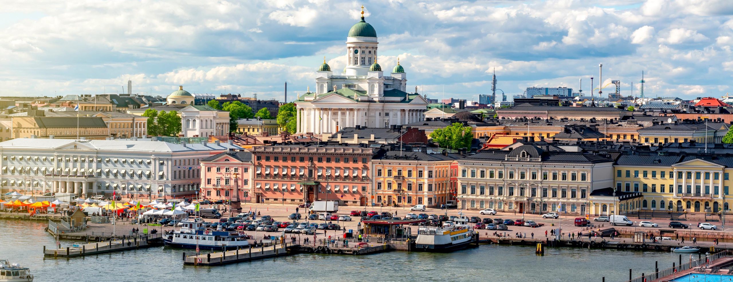 A panoramic view of Helsinki, Finland, showcasing its modern architecture and waterfront along the Baltic Sea